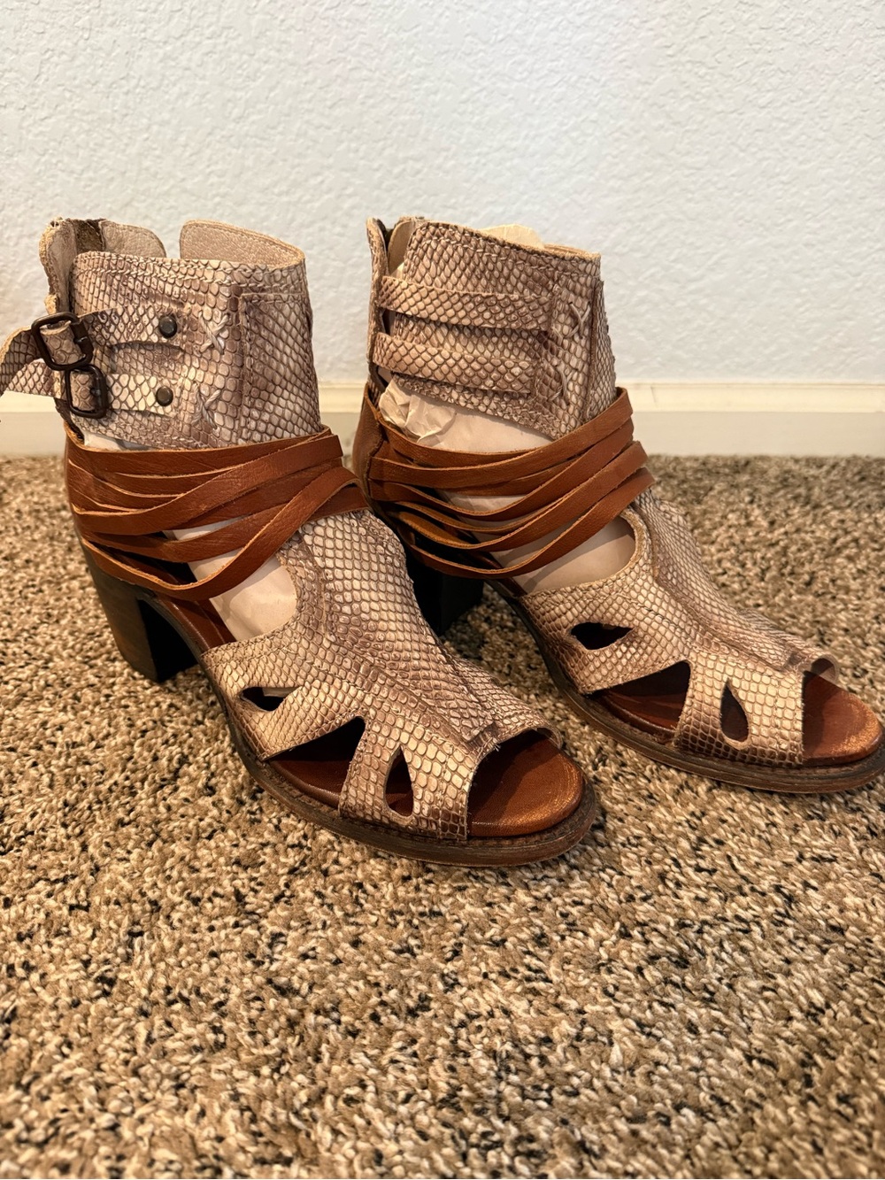 Freebird Nest Taupe Snake-Print Open-Toe Heeled Booties with Brown Wrap Straps